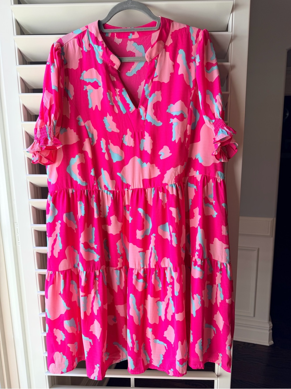 Hot Pink Leopard Print Tiered Puff Sleeve Dress XL